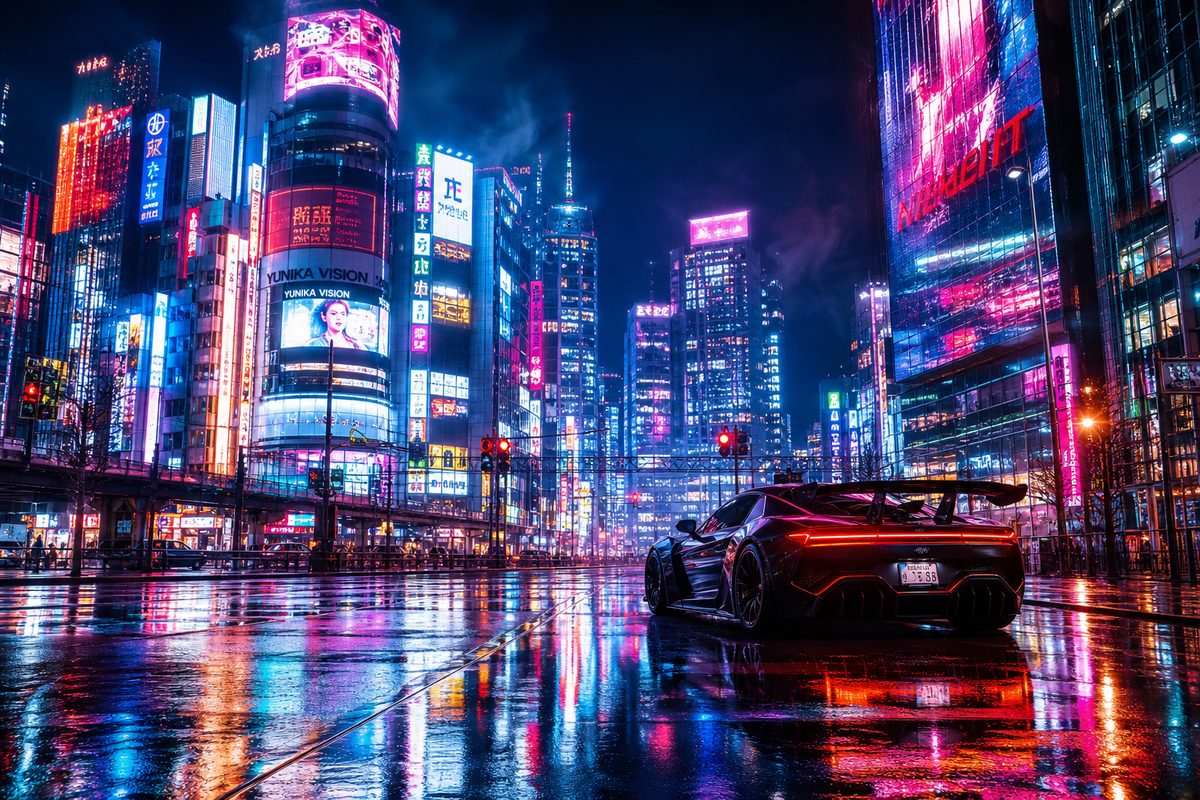 AI-generated photo example — neon city at night