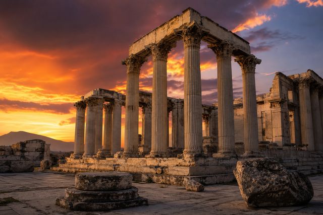 Ancient Roman temple ruins at sunset