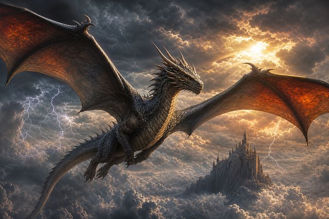 Dragon soaring above cloudscape